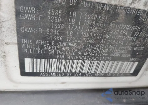 2010 Subaru Outback 2.5I z USA, uszkodzony, nr VIN 4S4BRCAC0A3311139